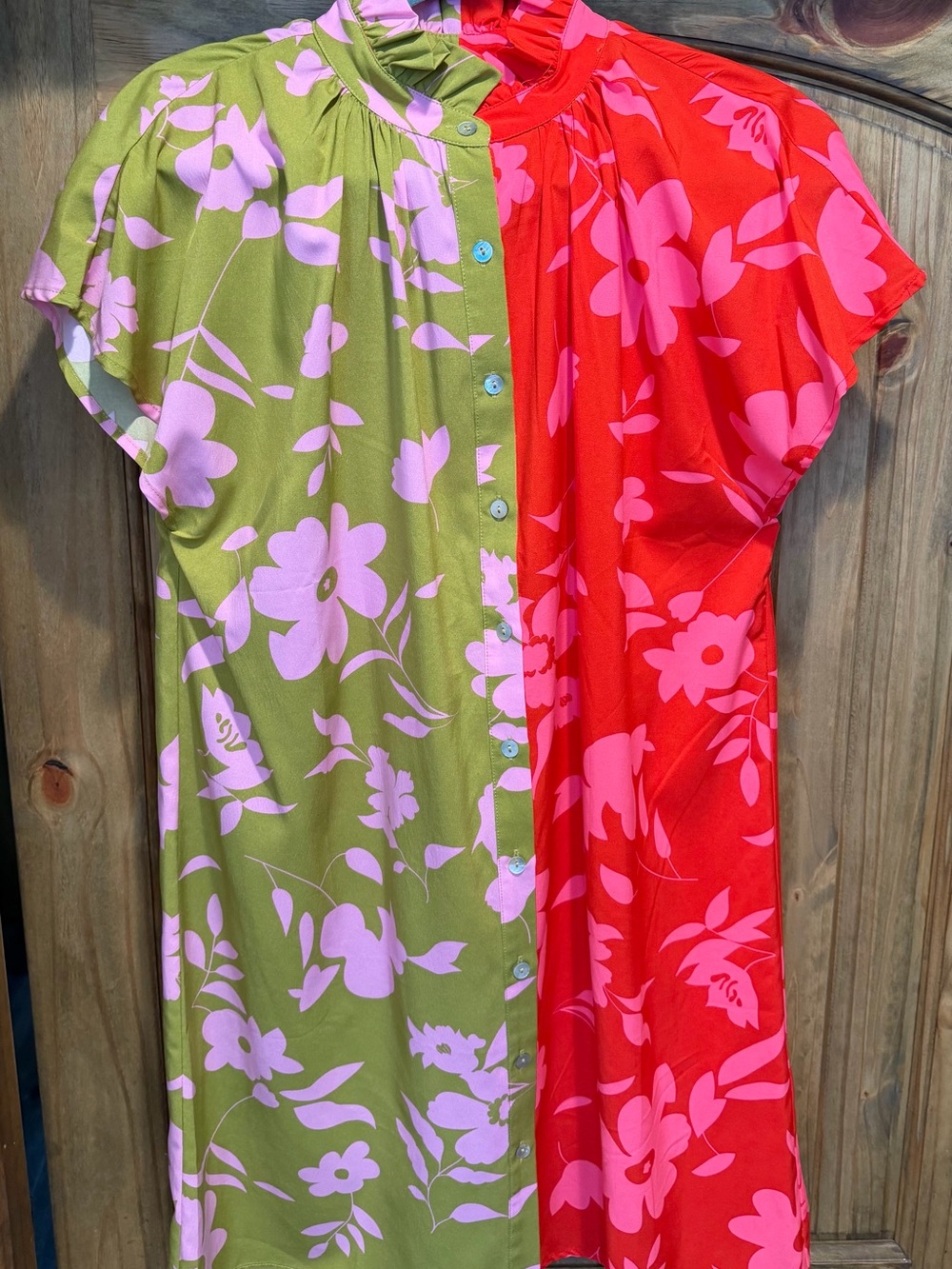 THML Two-Tone Floral Button-Front Dress in Olive Green and Red with Pink Print